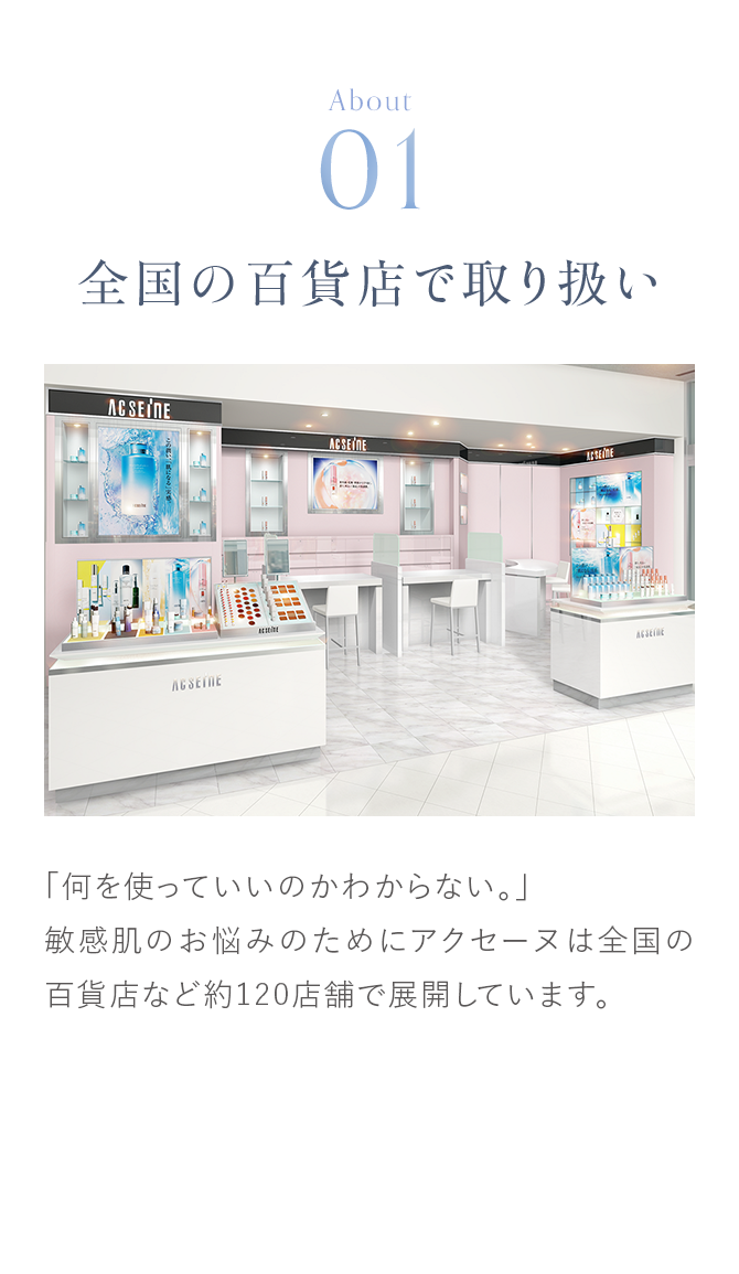 About01 全国の百貨店で取り扱い「何を使っていいのかわからない。」敏感肌のお悩みのためにアクセーヌは全国の百貨店など約120店舗で展開しています。