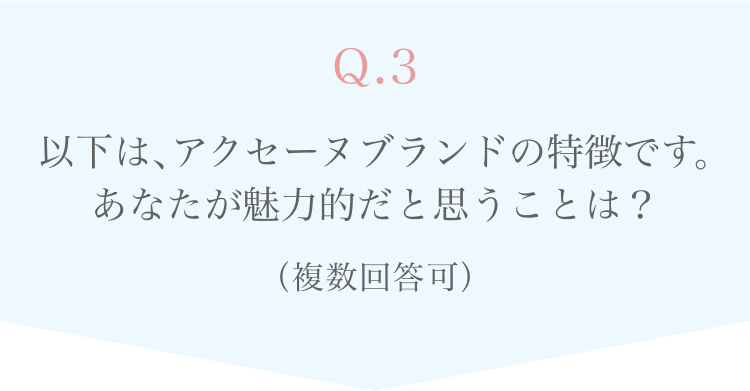 Q.3 以下は、アクセーヌブランドの特徴です。あなたが魅力的だと思うことは？（複数回答可）