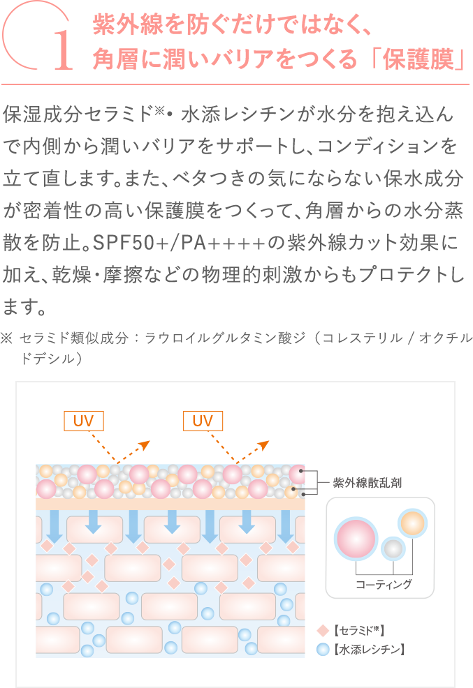 
                                    紫外線を防ぐだけではなく、角層に潤いバリアをつくる「保護膜」
                                    保湿成分セラミド※• 水添レシチンが水分を抱え込んで内側から潤いバリアをサポートし、コンディションを立て直します。また、ベタつきの気にならない保水成分が密着性の高い保護膜をつくって、角層からの水分蒸散を防止。SPF50+/PA++++の紫外線カット効果に加え、乾燥・摩擦などの物理的刺激からもプロテクトします。
                                    ※ セラミド類似成分：ラウロイルグルタミン酸ジ（コレステリル/オクチルドデシル）
                                    